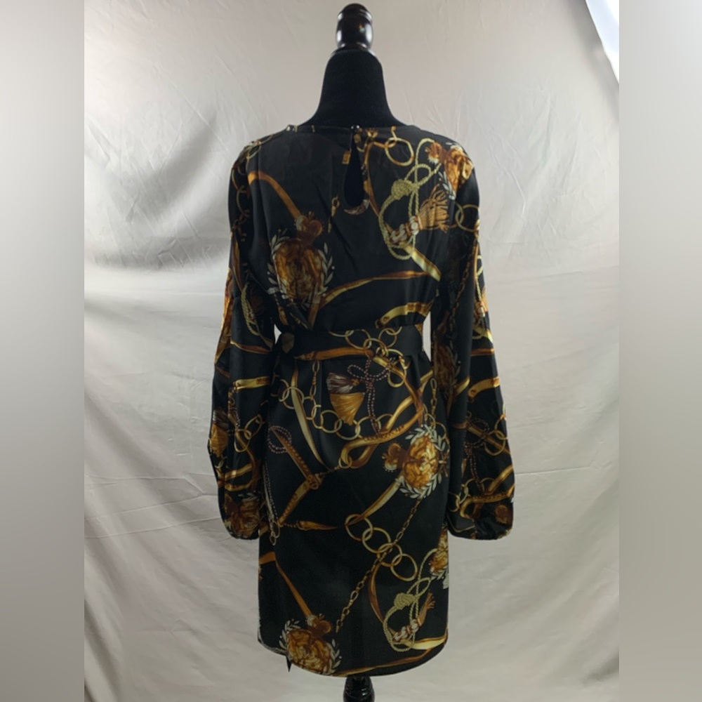 Bishop Sleeve Chain Print Belted Dress - Picture 9 of 9